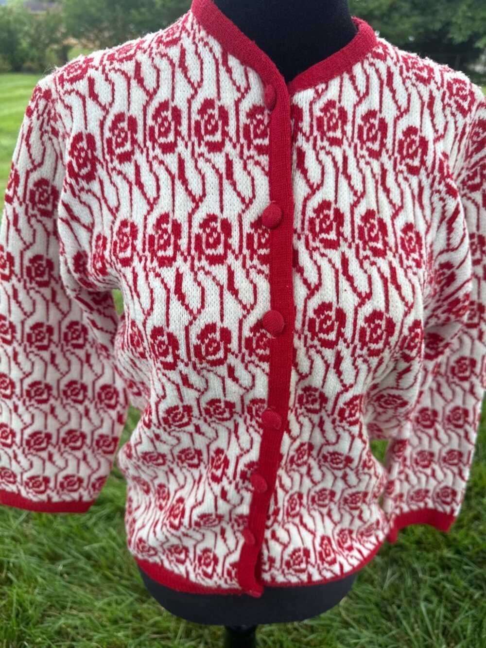 Vtg 1960s Handmade Wool Cardigan Red Rose Floral Sweater Cottagecore S/M